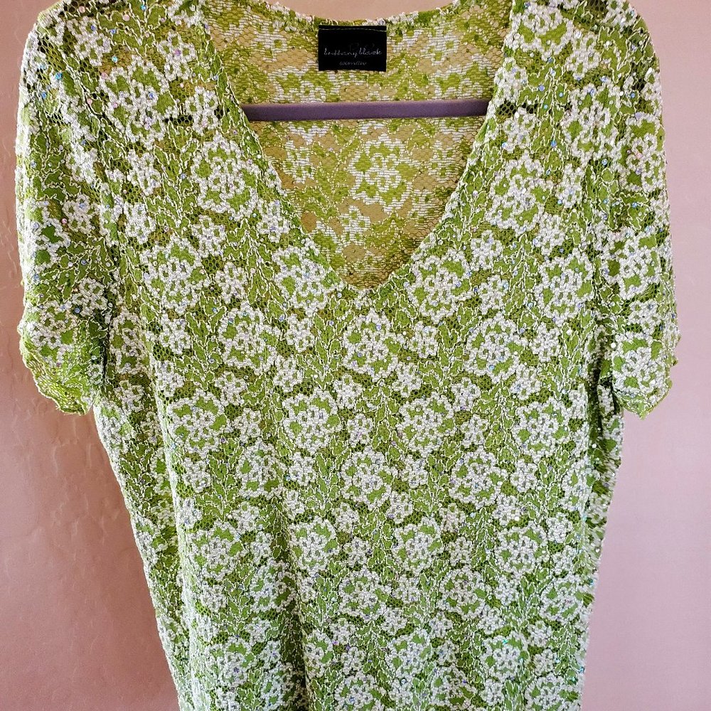Brittany Black Green White Floral Lace Sequin Short Sleeve V Neck Blouse Shirt